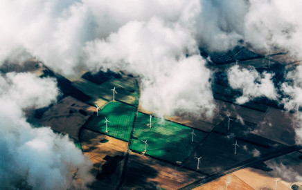 wind turbines in fields seen from above