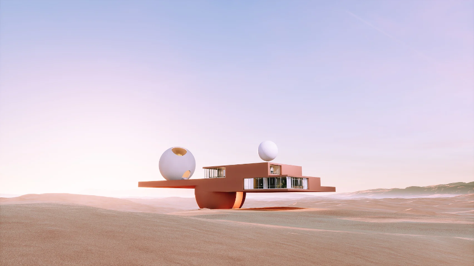 dans un désert, bâtiment futuriste orange