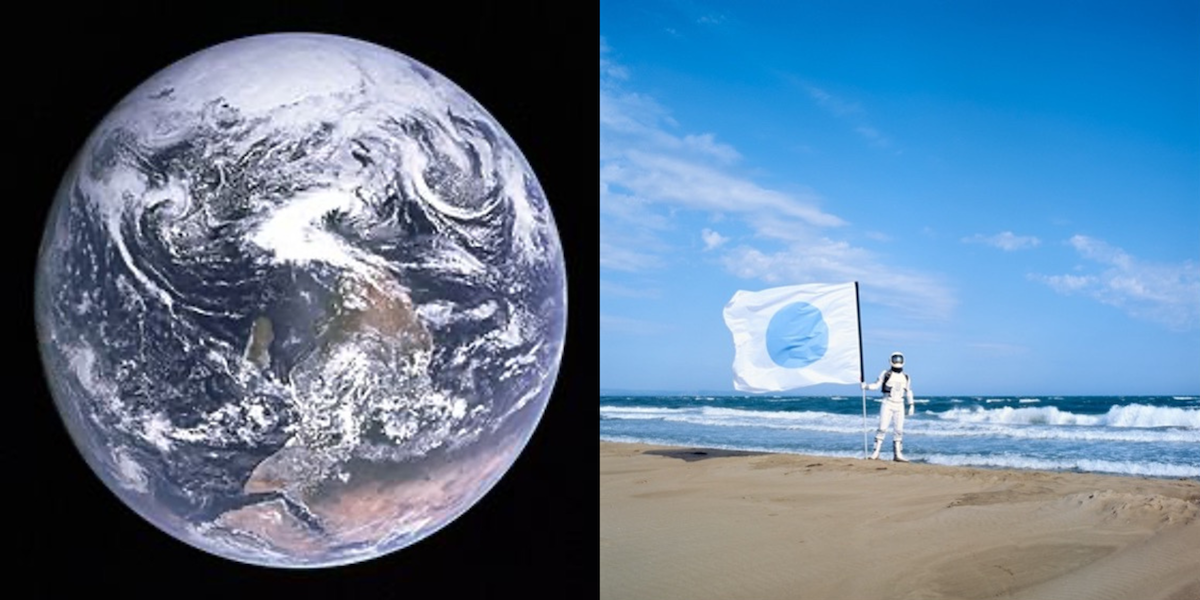 à gauche, photographie satellite de la Terre, à droite, homme en tenue d'astronaute avec un drapeau blanc et bleu sur une plage devant la mer