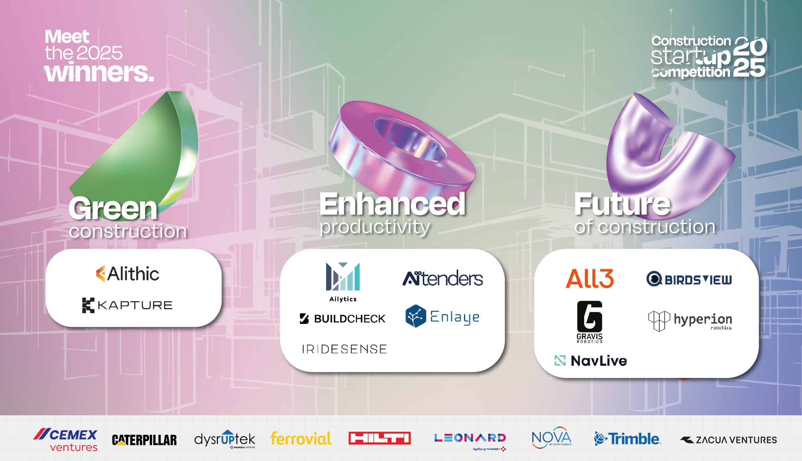 Visual showcasing the winners of the Construction Startup Competition 2025. Green Construction: Alithic, Kapture

Enhanced Productivity: Ailytics, BuildCheck, Iridesense, Aitenders, Enlaye

Future of Construction: All3, Birdsview, Gravis Robotics, Hyperion, NavLive